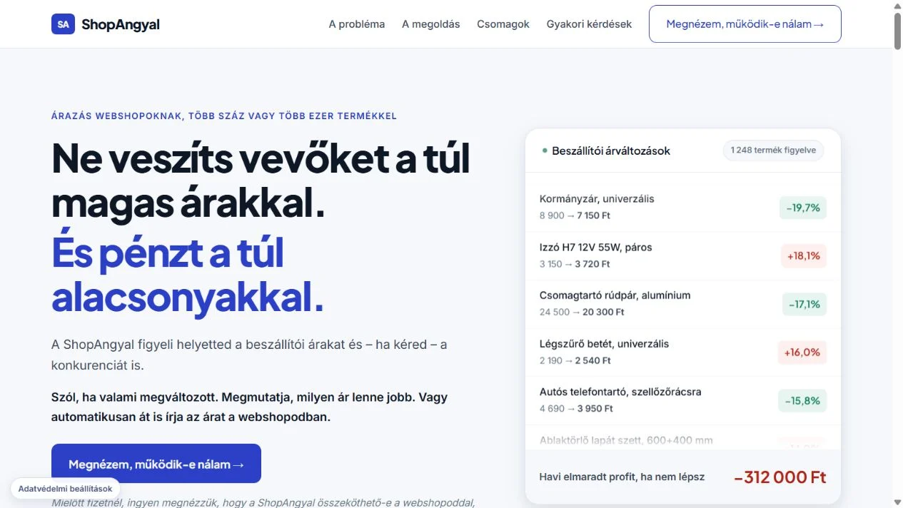 A ShopAngyal árfigyelő weboldalának nyitóképernyője
